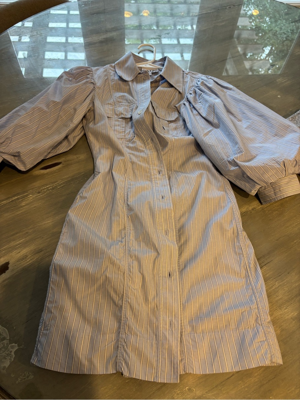 Ganni Light Blue & White Striped Button-Up Shirt Dress